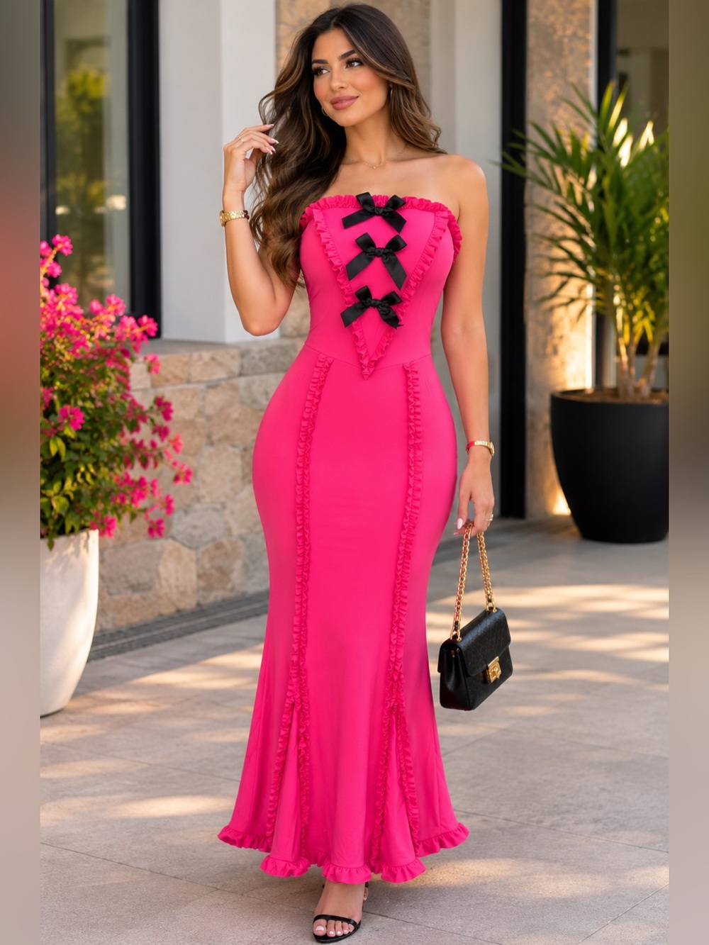 Zesica Strapless Pink Ruffle Mermaid Dress with Black Bow Detail